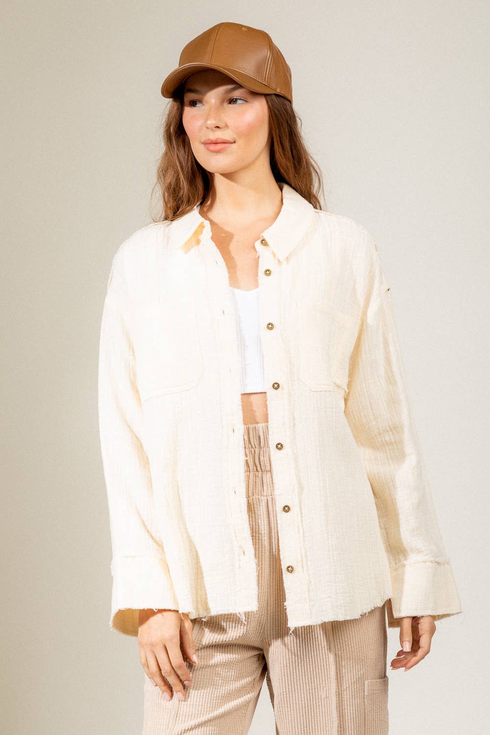 Frayed hem detail solid woven shirt top