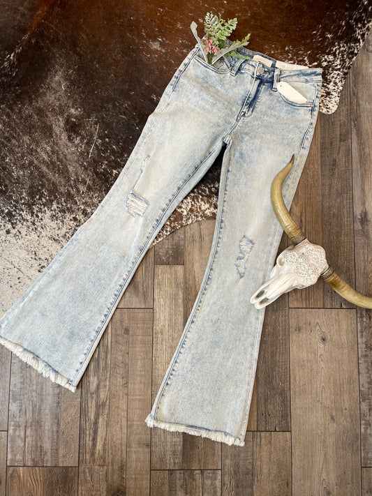 Distressed Mid Rise Stretch Flare with Frayed Hem