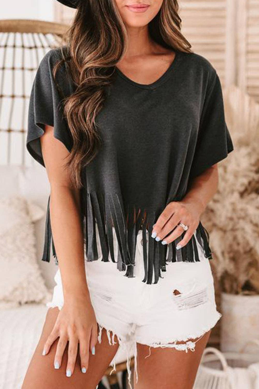 Fringe Hem V Neck T Shirt