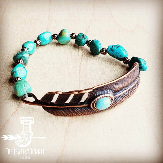 Natural Turquoise Bracelet with Copper Feather Center